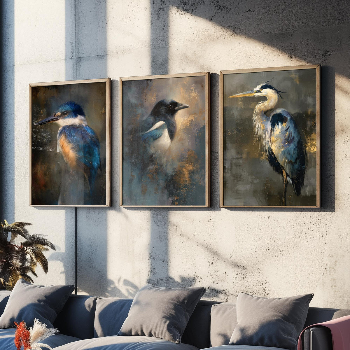 Majestic Emergence Art Prints - Set of Three British Birds Posters - Kingfisher Magpie Heron Paintings