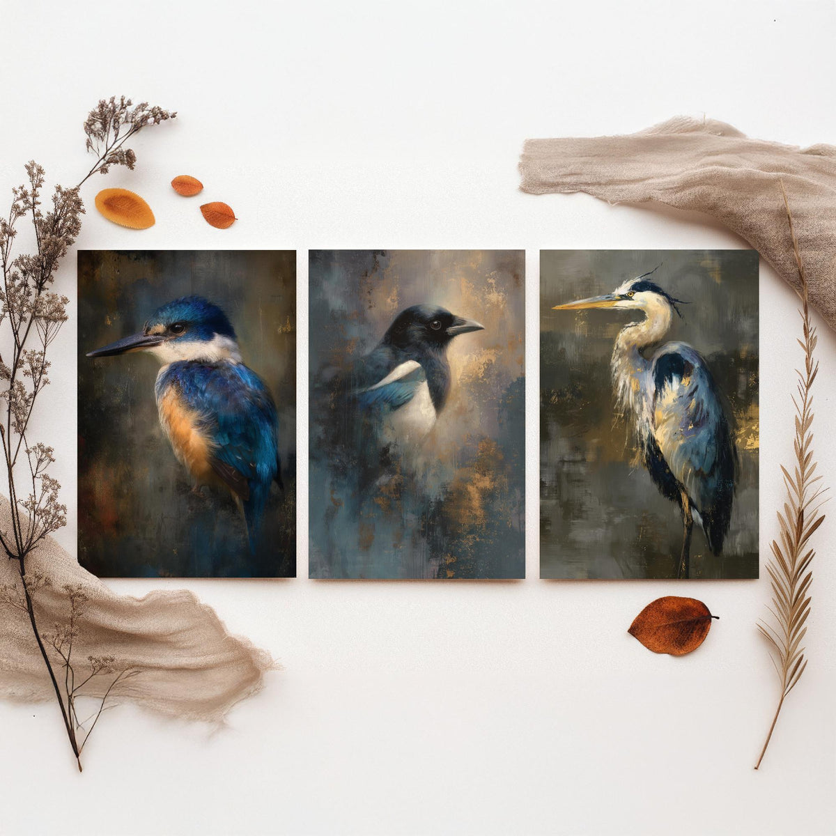 Majestic Emergence Art Prints - Set of Three British Birds Posters - Kingfisher Magpie Heron Paintings