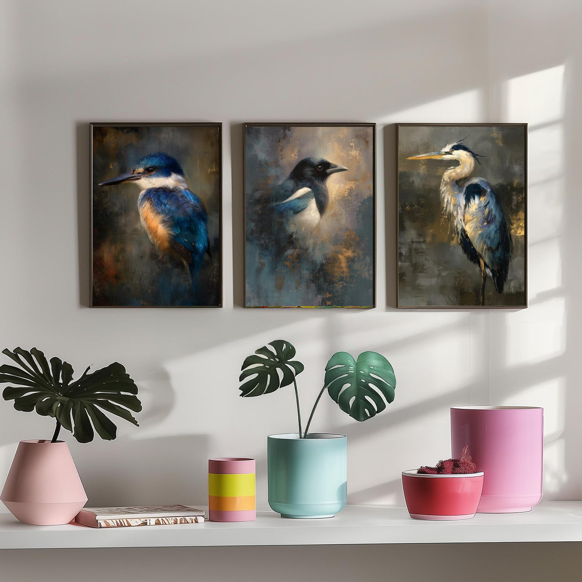 Majestic Emergence Art Prints - Set of Three British Birds Posters - Kingfisher Magpie Heron Paintings