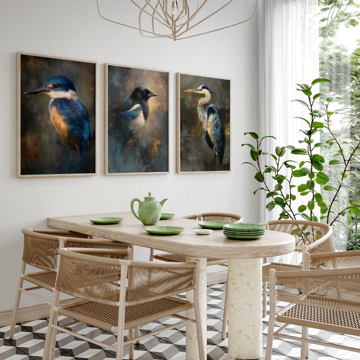 Majestic Emergence Art Prints - Set of Three British Birds Posters - Kingfisher Magpie Heron Paintings