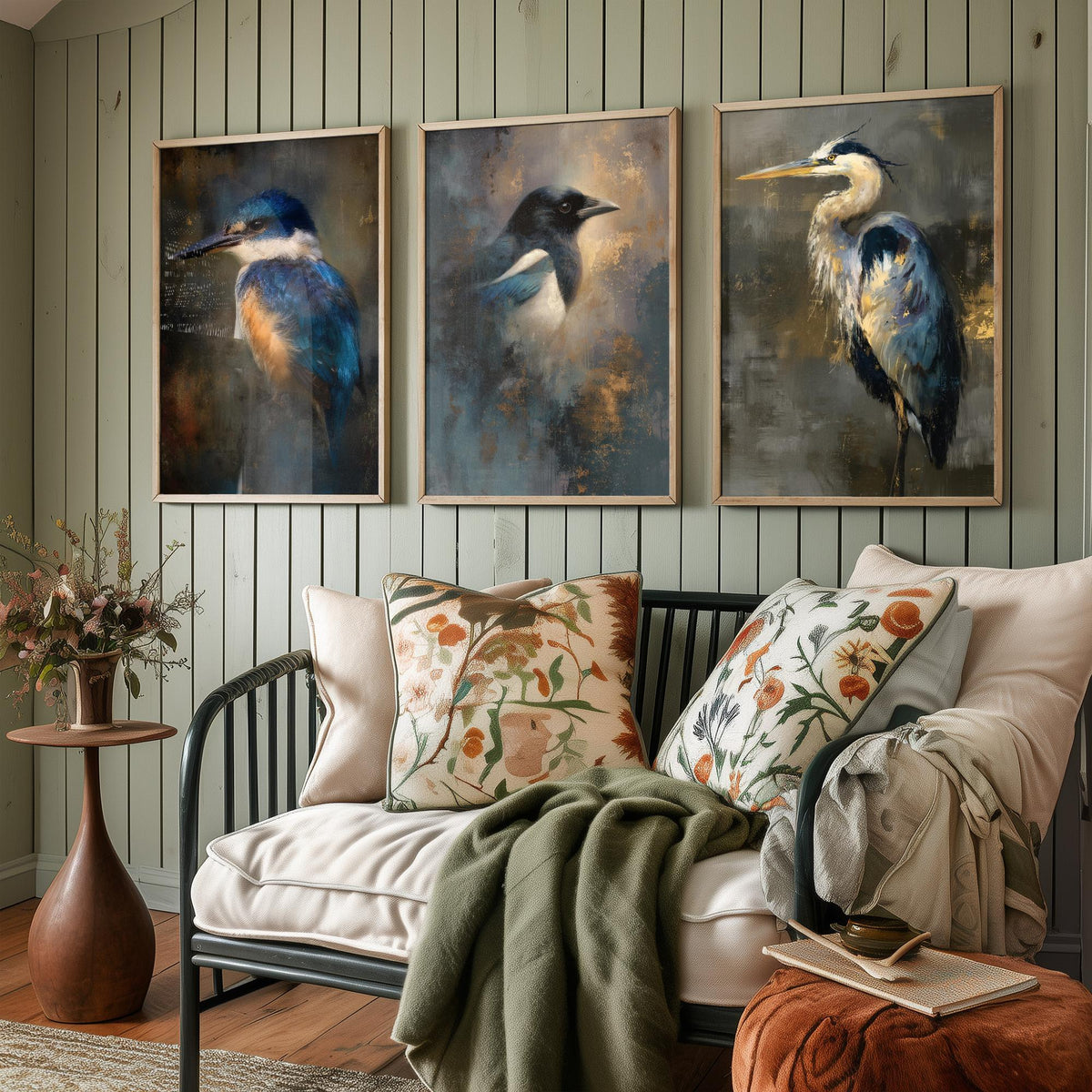 Majestic Emergence Art Prints - Set of Three British Birds Posters - Kingfisher Magpie Heron Paintings