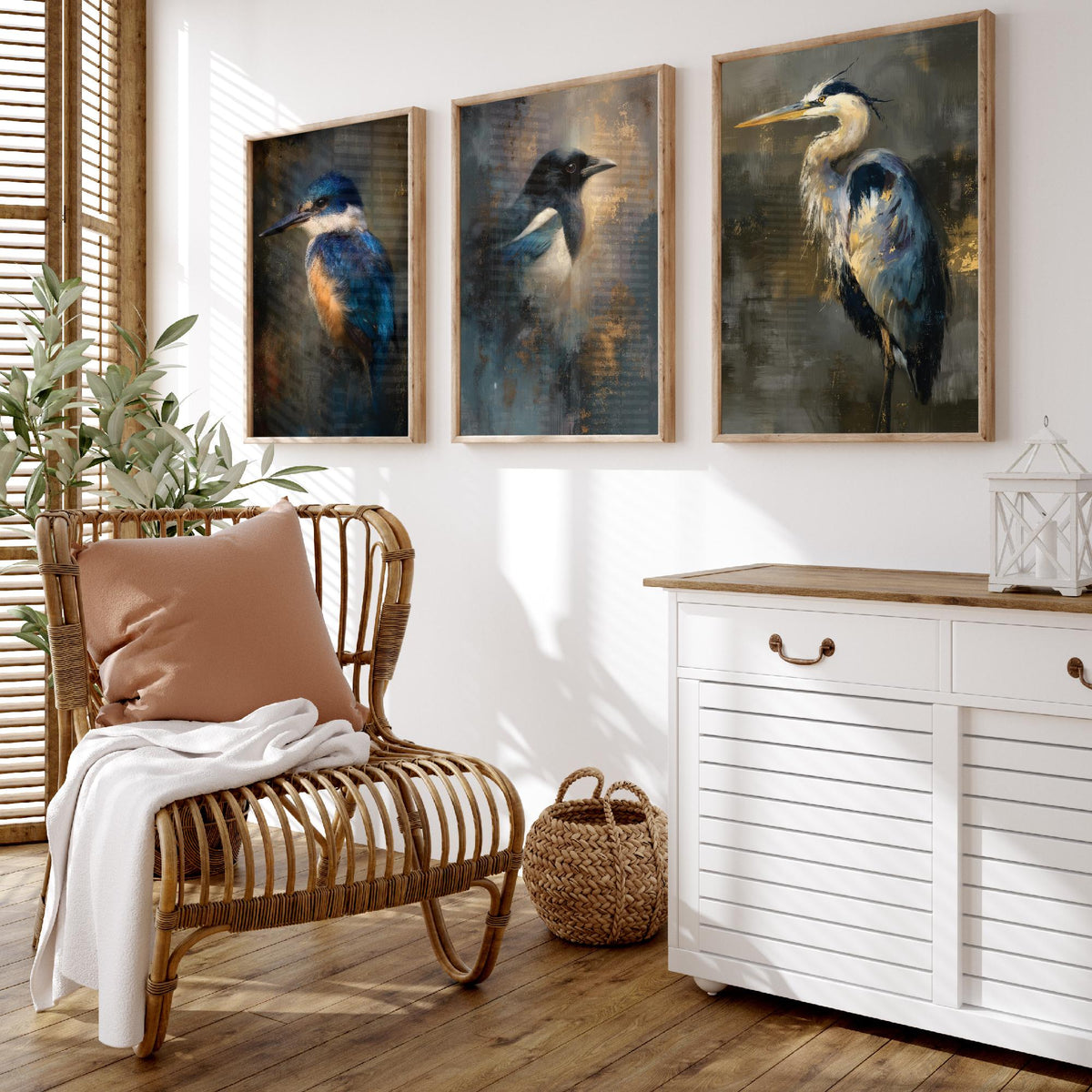 Majestic Emergence Art Prints - Set of Three British Birds Posters - Kingfisher Magpie Heron Paintings