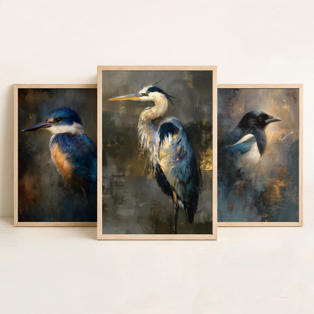 Majestic Emergence Art Prints - Set of Three British Birds Posters - Kingfisher Magpie Heron Paintings