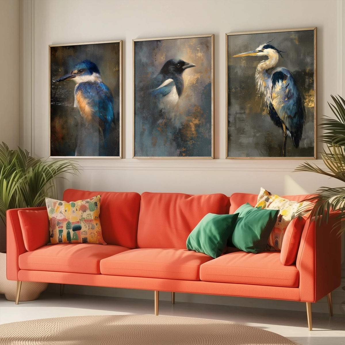 Majestic Emergence Art Prints - Set of Three British Birds Posters - Kingfisher Magpie Heron Paintings