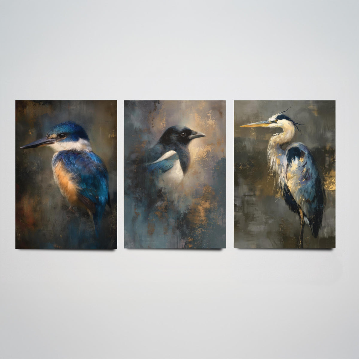 Majestic Emergence Art Prints - Set of Three British Birds Posters - Kingfisher Magpie Heron Paintings