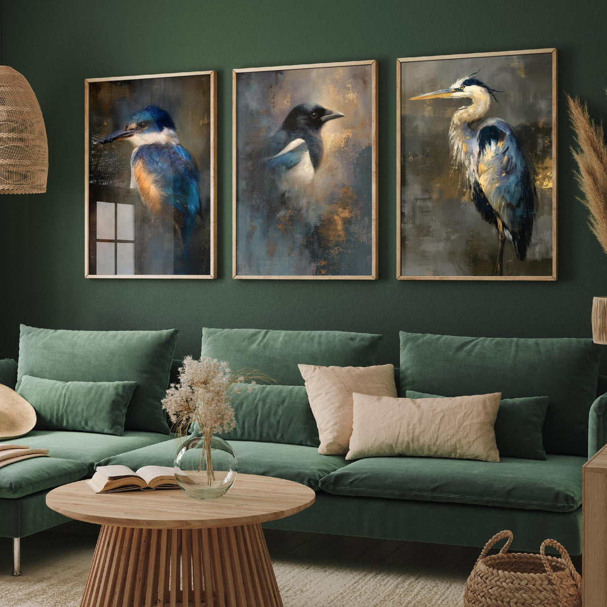 Majestic Emergence Art Prints - Set of Three British Birds Posters - Kingfisher Magpie Heron Paintings