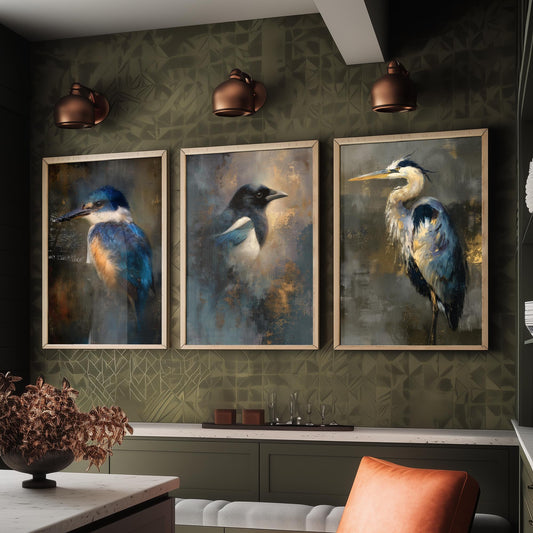 Majestic Emergence Art Prints - Set of Three British Birds Posters - Kingfisher Magpie Heron Paintings