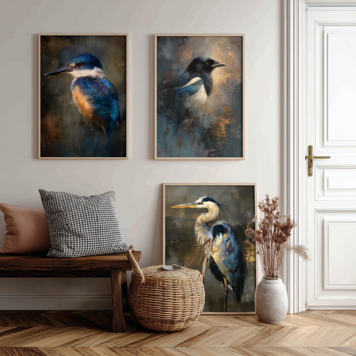 Majestic Emergence Art Prints - Set of Three British Birds Posters - Kingfisher Magpie Heron Paintings