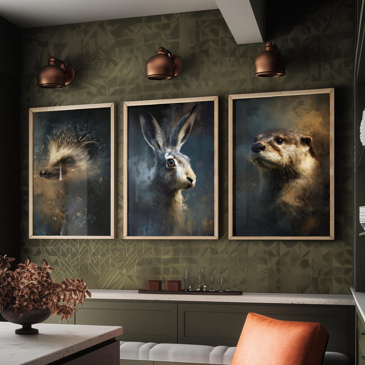Majestic Emergence Art Prints - Set of Three Woodland Mammals Posters - Hedgehog Hare Otter Paintings