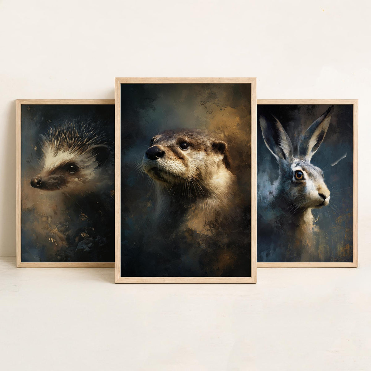 Majestic Emergence Art Prints - Set of Three Woodland Mammals Posters - Hedgehog Hare Otter Paintings