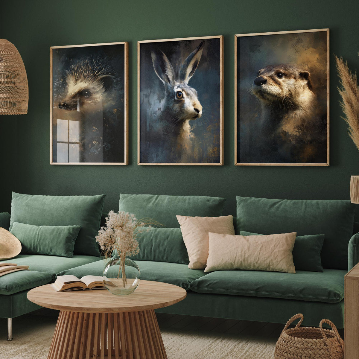 Majestic Emergence Art Prints - Set of Three Woodland Mammals Posters - Hedgehog Hare Otter Paintings
