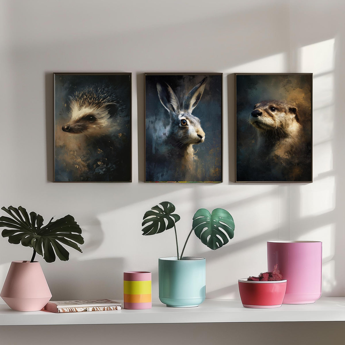 Majestic Emergence Art Prints - Set of Three Woodland Mammals Posters - Hedgehog Hare Otter Paintings