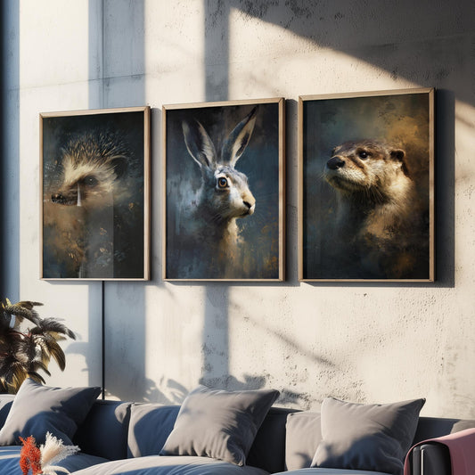 Majestic Emergence Art Prints - Set of Three Woodland Mammals Posters - Hedgehog Hare Otter Paintings