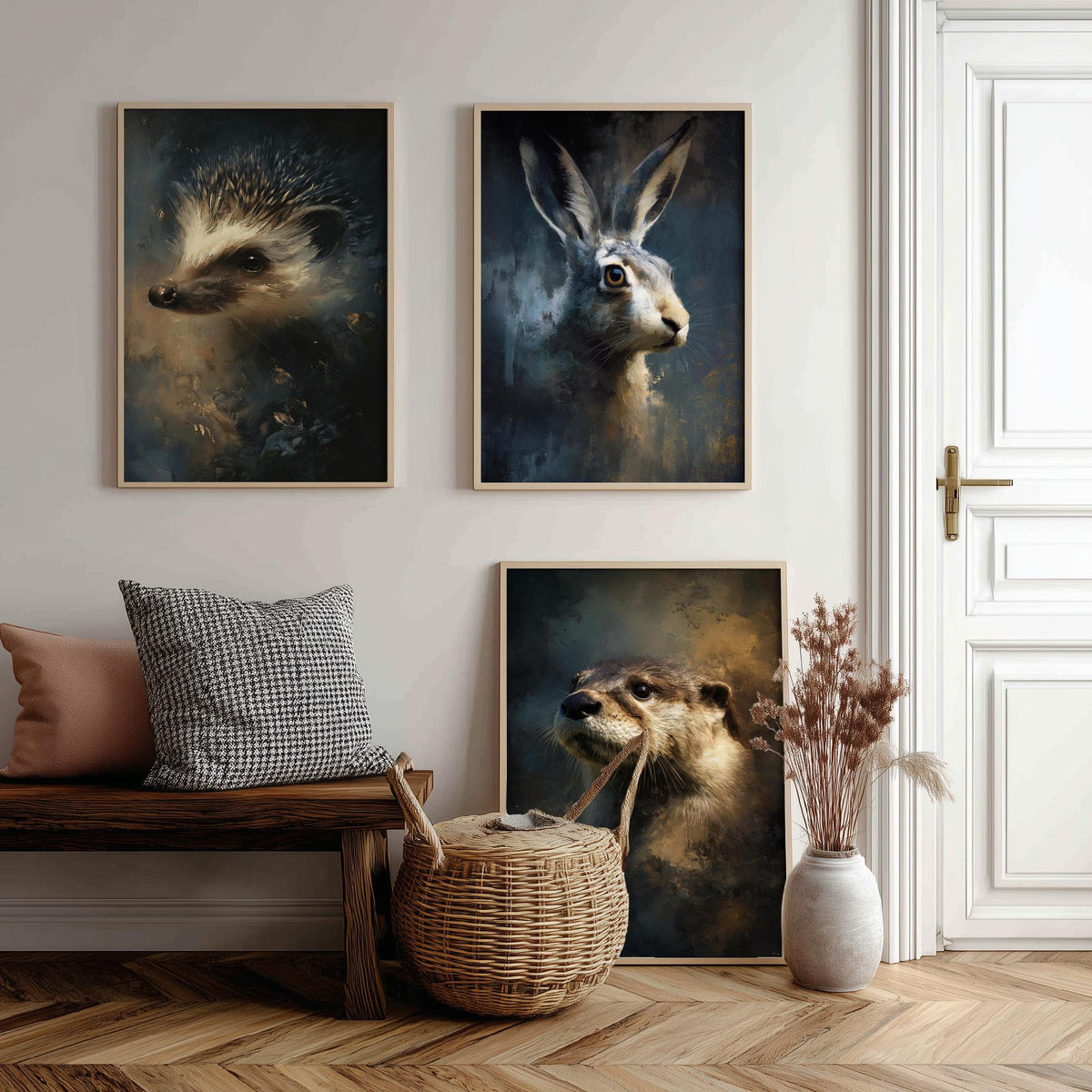 Majestic Emergence Art Prints - Set of Three Woodland Mammals Posters - Hedgehog Hare Otter Paintings
