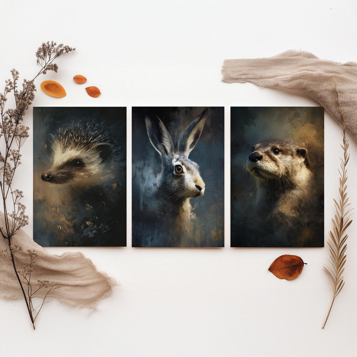 Majestic Emergence Art Prints - Set of Three Woodland Mammals Posters - Hedgehog Hare Otter Paintings