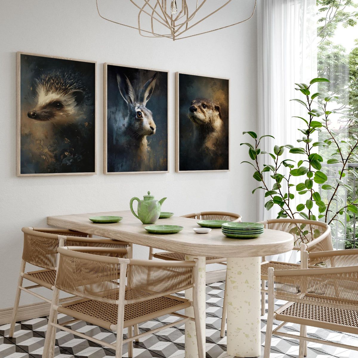 Majestic Emergence Art Prints - Set of Three Woodland Mammals Posters - Hedgehog Hare Otter Paintings