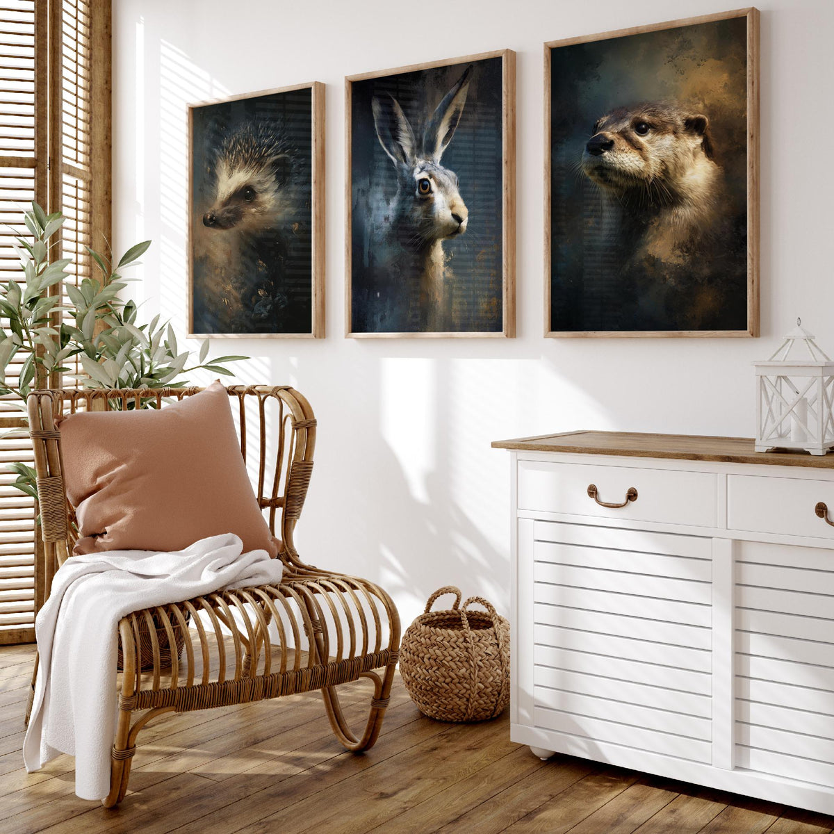 Majestic Emergence Art Prints - Set of Three Woodland Mammals Posters - Hedgehog Hare Otter Paintings