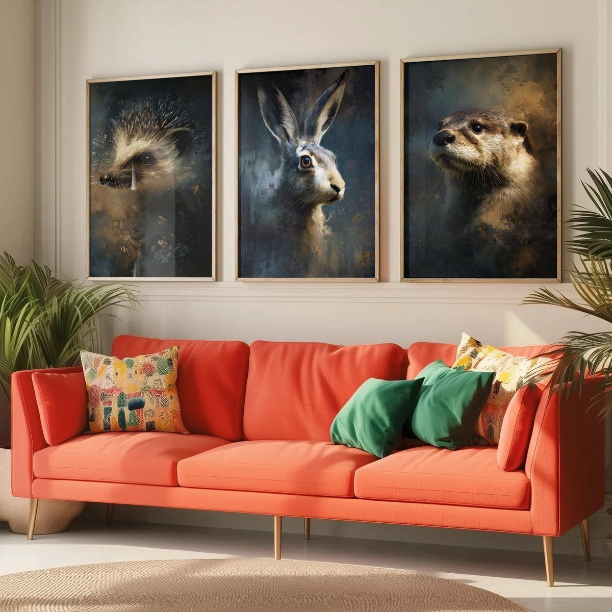 Majestic Emergence Art Prints - Set of Three Woodland Mammals Posters - Hedgehog Hare Otter Paintings