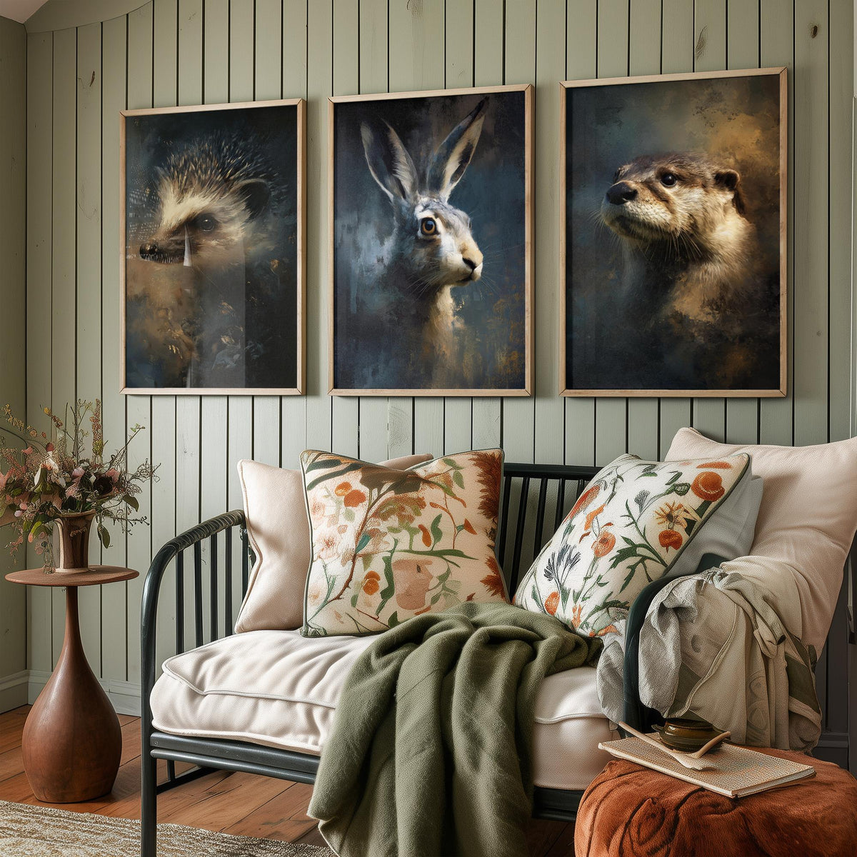 Majestic Emergence Art Prints - Set of Three Woodland Mammals Posters - Hedgehog Hare Otter Paintings