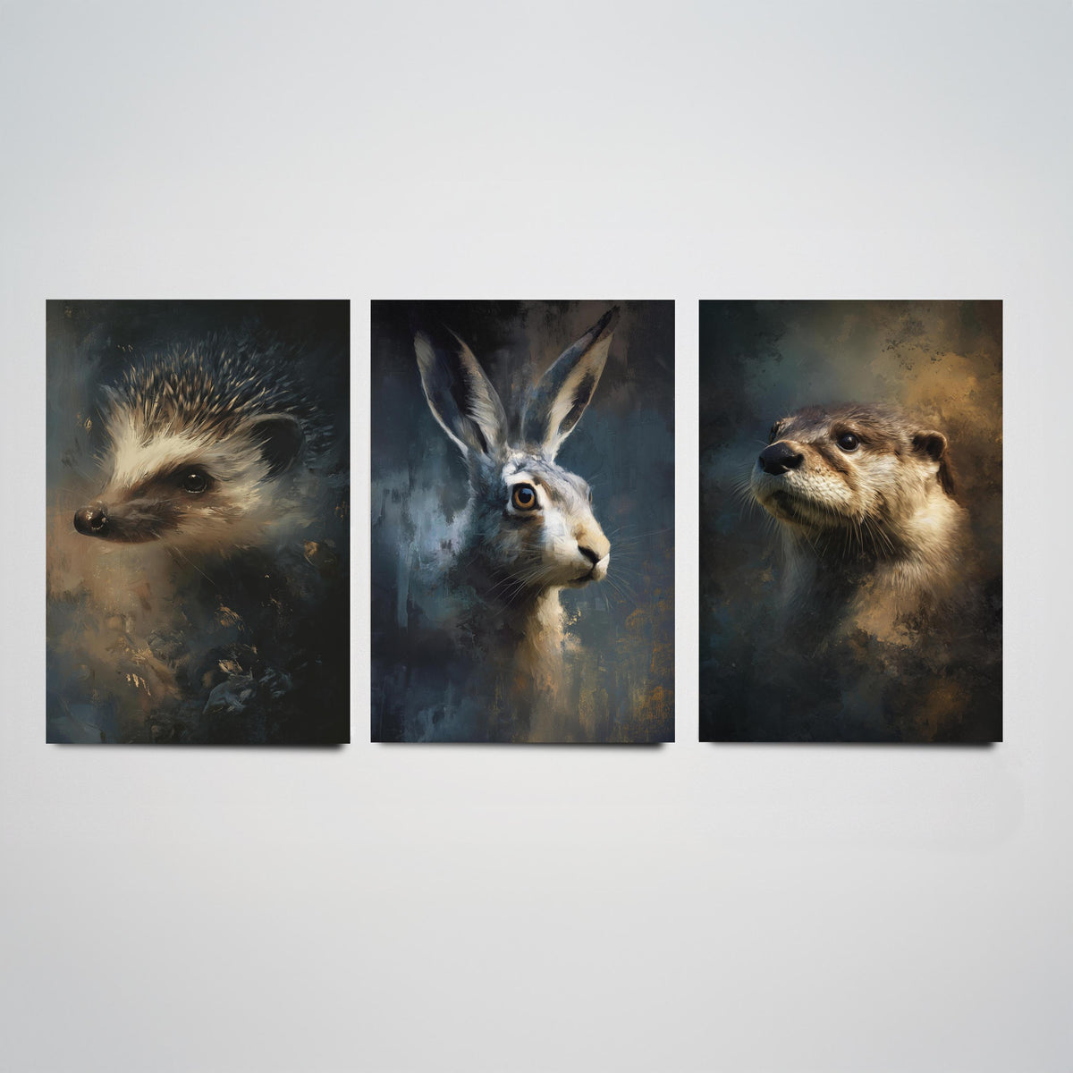 Majestic Emergence Art Prints - Set of Three Woodland Mammals Posters - Hedgehog Hare Otter Paintings