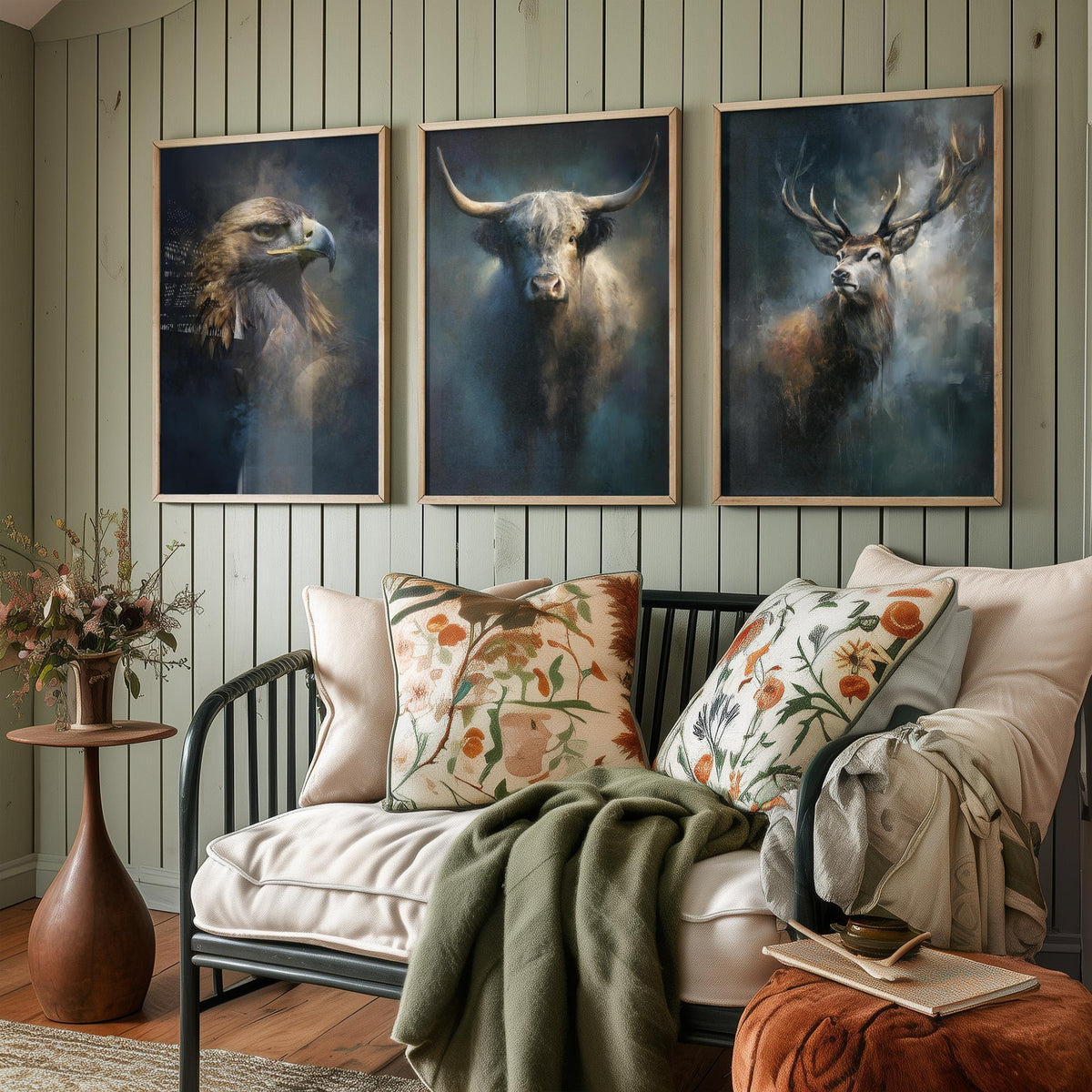 Majestic Emergence Art Prints - Set of Three Iconic Scotland Posters - Golden Eagle Highland Cow Red Deer Paintings