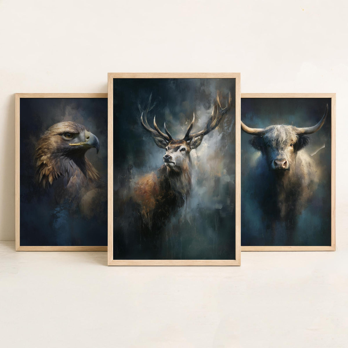 Majestic Emergence Art Prints - Set of Three Iconic Scotland Posters - Golden Eagle Highland Cow Red Deer Paintings