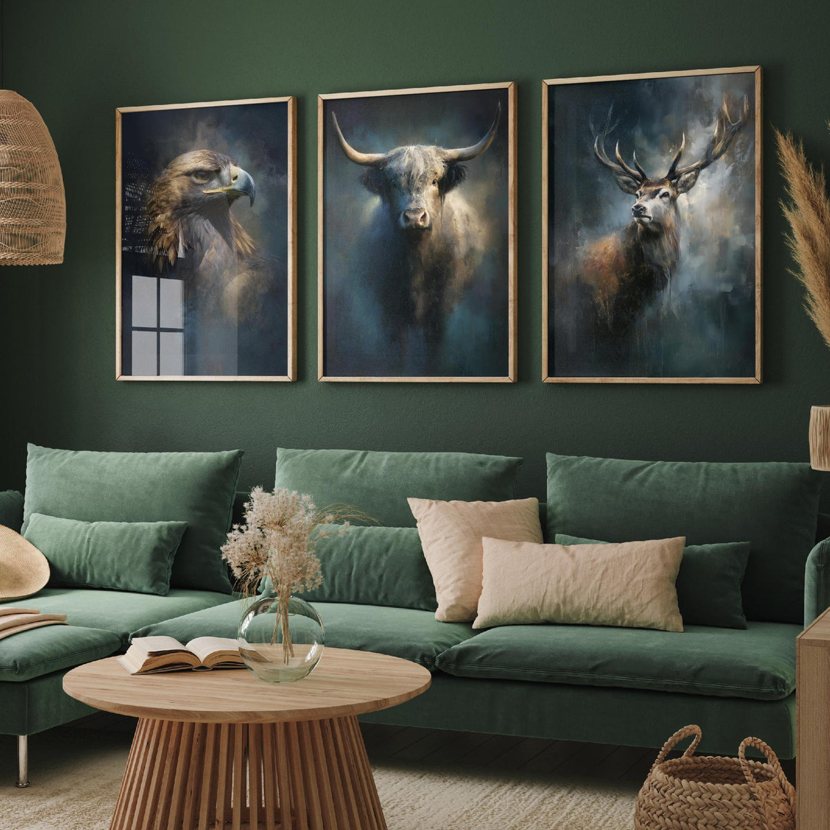 Majestic Emergence Art Prints - Set of Three Iconic Scotland Posters - Golden Eagle Highland Cow Red Deer Paintings
