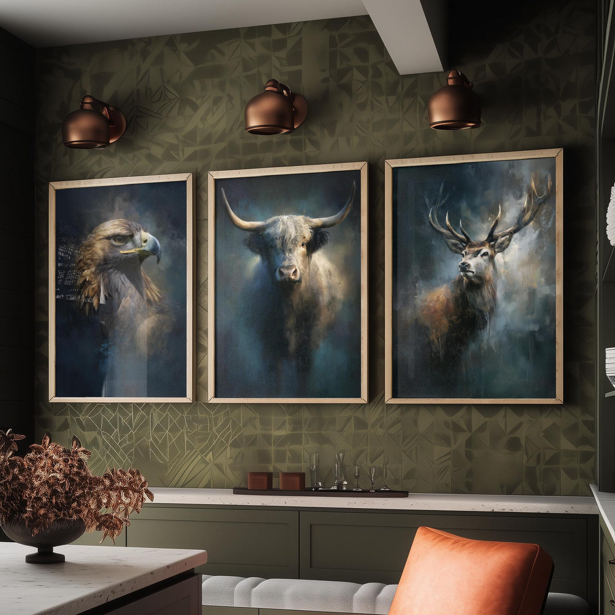 Majestic Emergence Art Prints - Set of Three Iconic Scotland Posters - Golden Eagle Highland Cow Red Deer Paintings