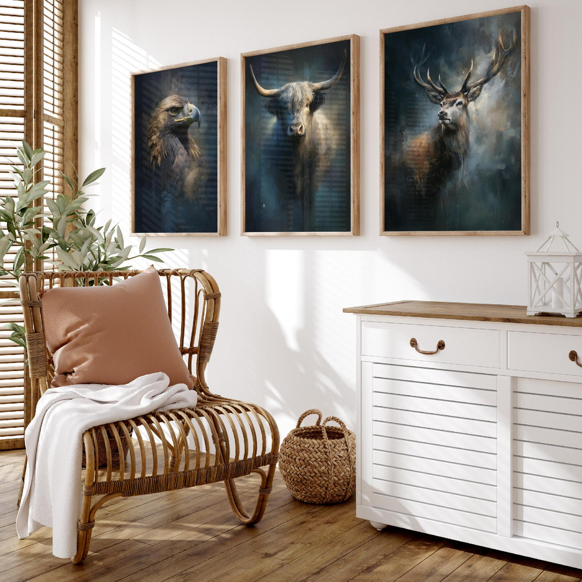 Majestic Emergence Art Prints - Set of Three Iconic Scotland Posters - Golden Eagle Highland Cow Red Deer Paintings