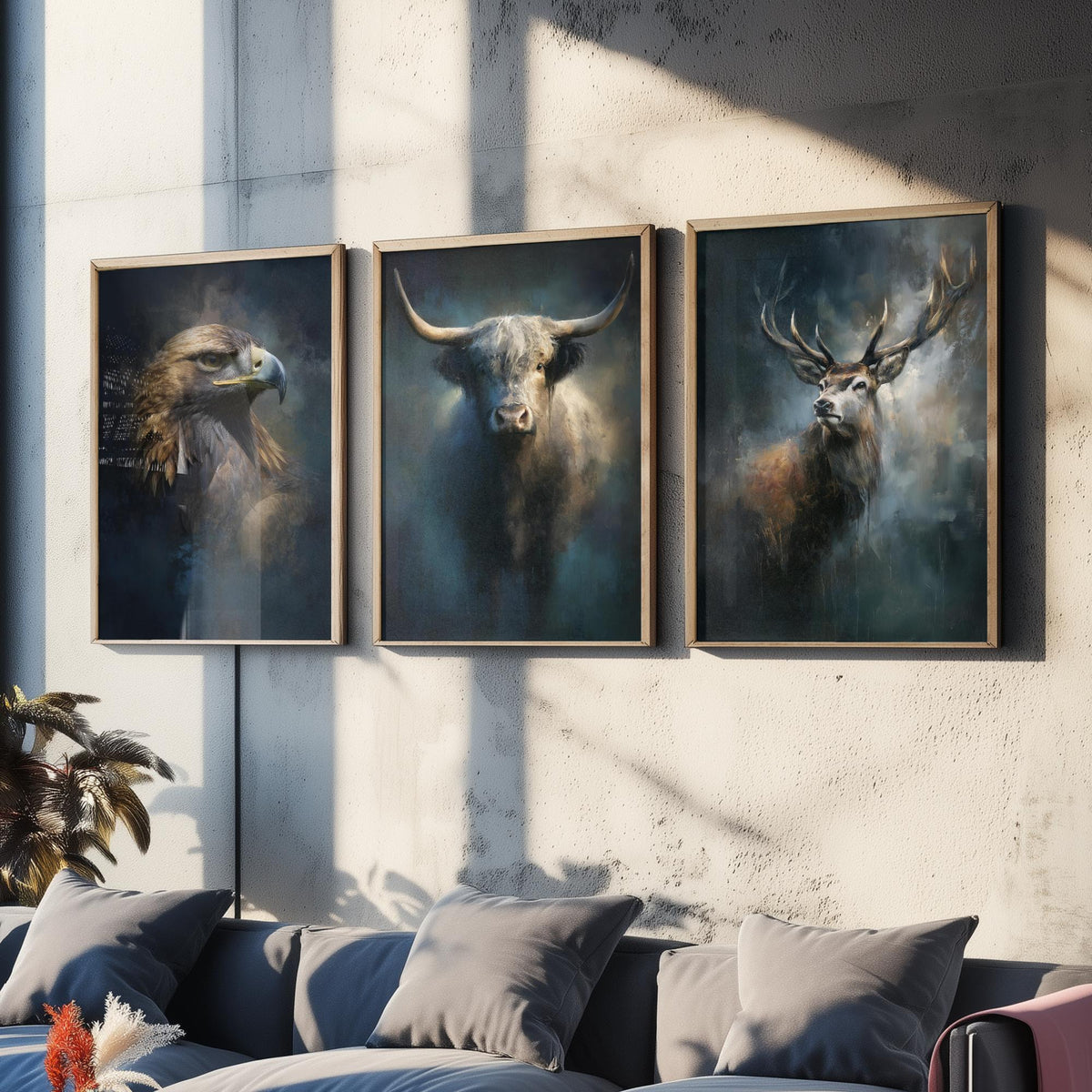 Majestic Emergence Art Prints - Set of Three Iconic Scotland Posters - Golden Eagle Highland Cow Red Deer Paintings