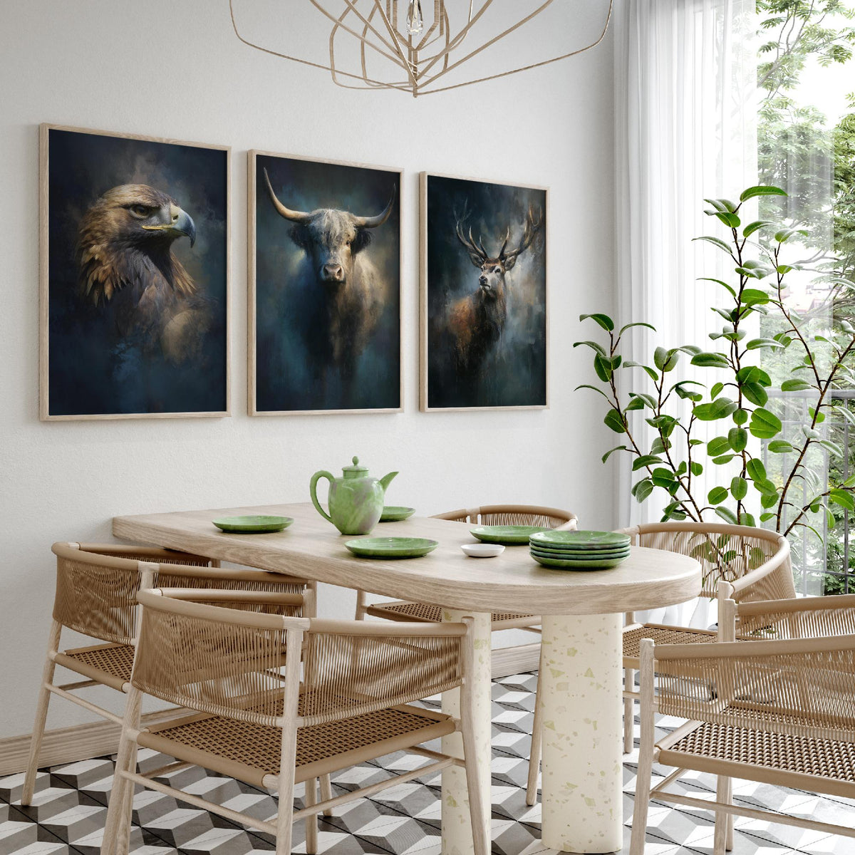 Majestic Emergence Art Prints - Set of Three Iconic Scotland Posters - Golden Eagle Highland Cow Red Deer Paintings