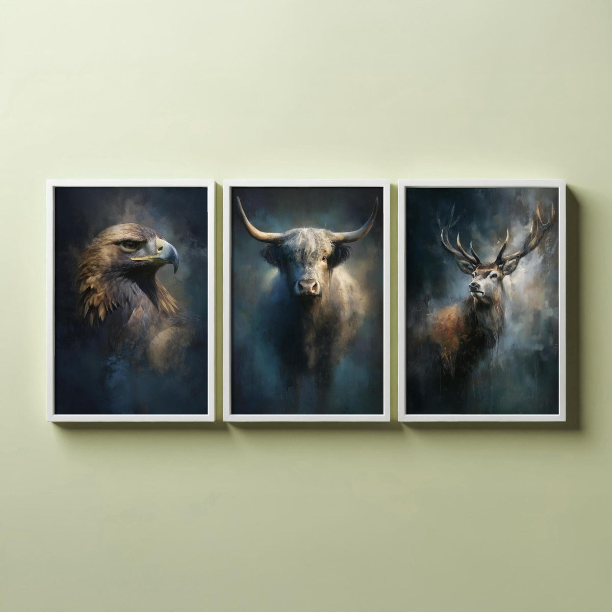 Majestic Emergence Art Prints - Set of Three Iconic Scotland Posters - Golden Eagle Highland Cow Red Deer Paintings