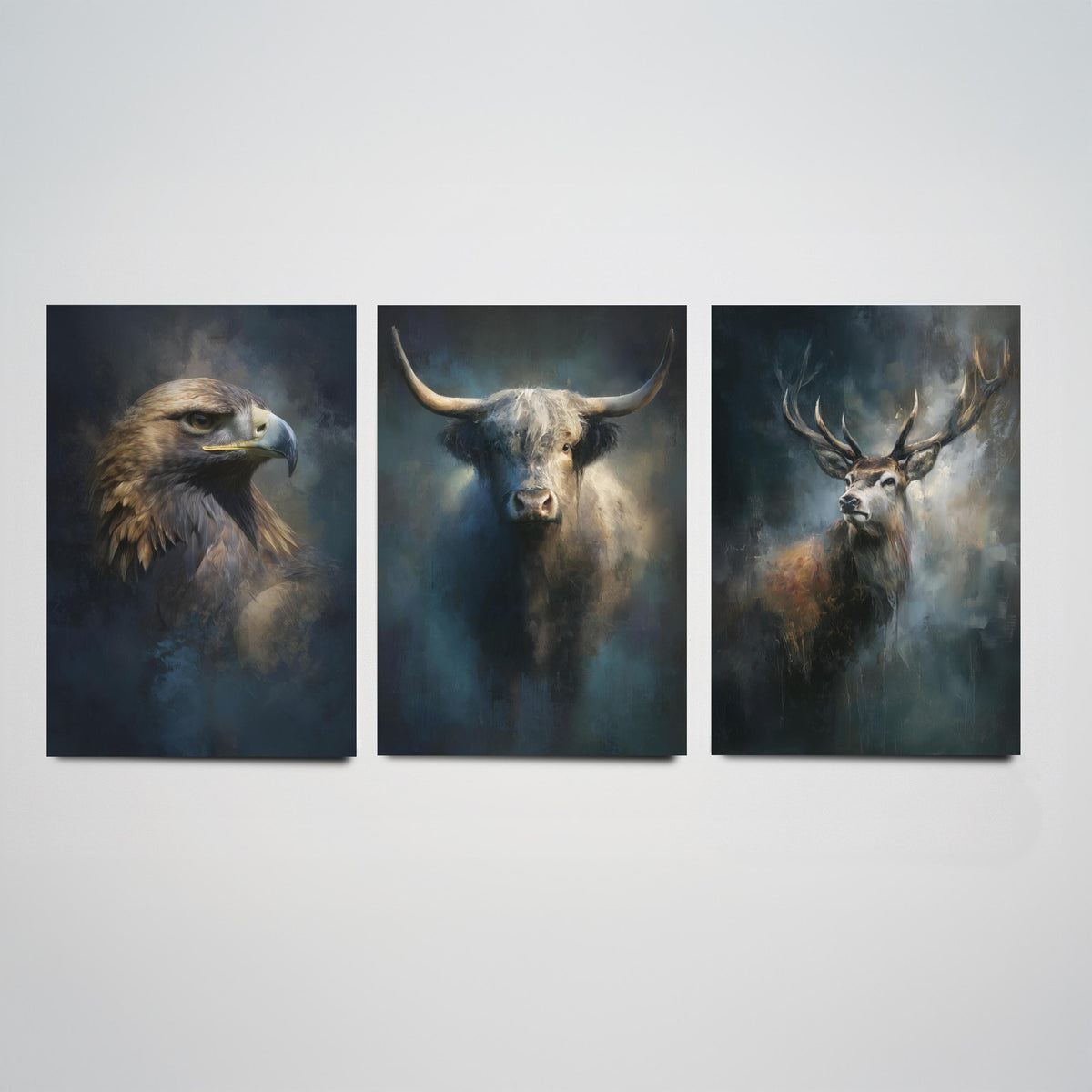 Majestic Emergence Art Prints - Set of Three Iconic Scotland Posters - Golden Eagle Highland Cow Red Deer Paintings