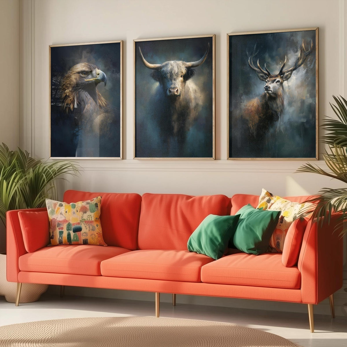 Majestic Emergence Art Prints - Set of Three Iconic Scotland Posters - Golden Eagle Highland Cow Red Deer Paintings