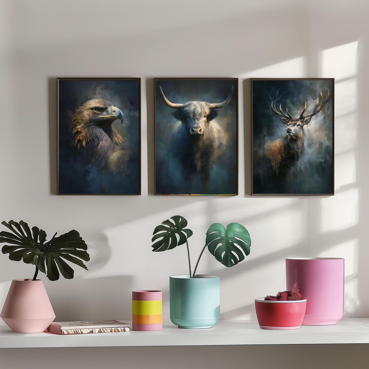 Majestic Emergence Art Prints - Set of Three Iconic Scotland Posters - Golden Eagle Highland Cow Red Deer Paintings
