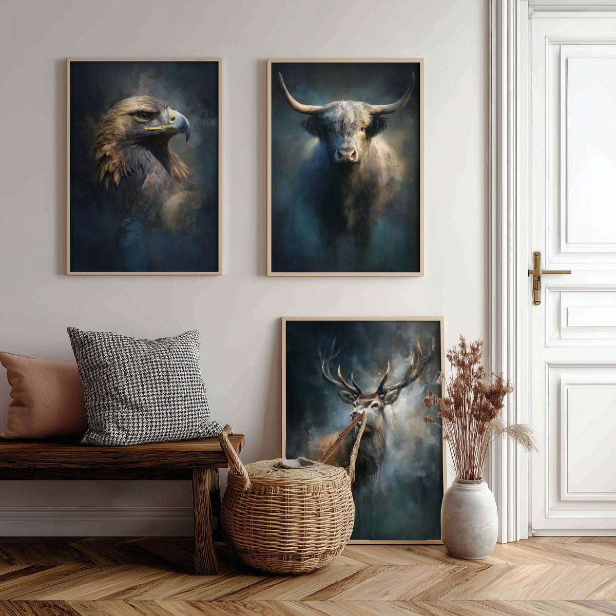 Majestic Emergence Art Prints - Set of Three Iconic Scotland Posters - Golden Eagle Highland Cow Red Deer Paintings