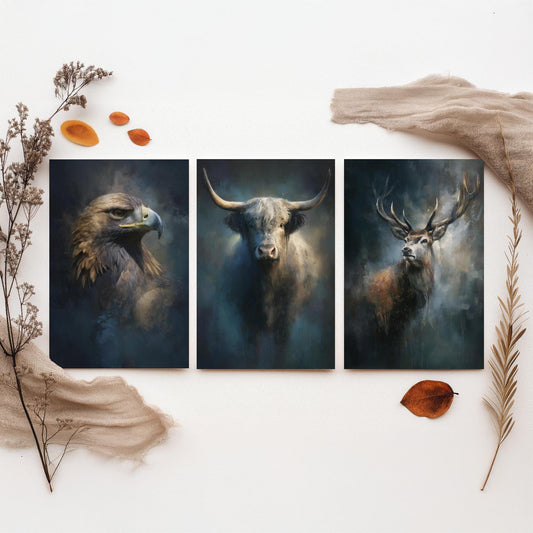 Majestic Emergence Art Prints - Set of Three Iconic Scotland Posters - Golden Eagle Highland Cow Red Deer Paintings