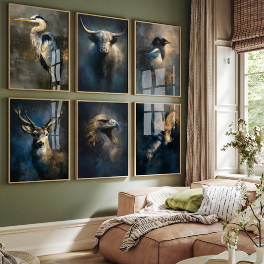 Set of Six Majestic Emergence Art Prints - 6 British Wildlife Posters - Heron, Highland Cow, Magpie, Red Deer, Golden Eagle, Fox Painting