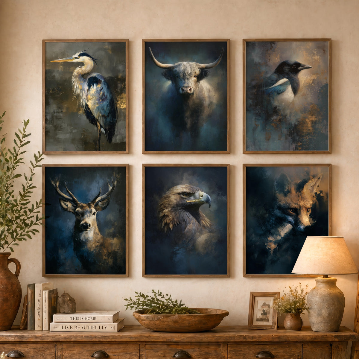 Set of Six Majestic Emergence Art Prints - 6 British Wildlife Posters - Heron, Highland Cow, Magpie, Red Deer, Golden Eagle, Fox Painting