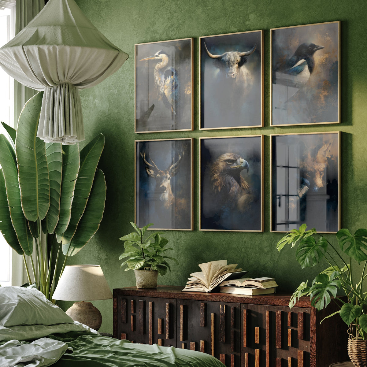 Set of Six Majestic Emergence Art Prints - 6 British Wildlife Posters - Heron, Highland Cow, Magpie, Red Deer, Golden Eagle, Fox Painting