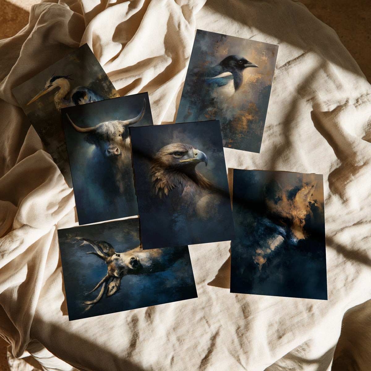 Set of Six Majestic Emergence Art Prints - 6 British Wildlife Posters - Heron, Highland Cow, Magpie, Red Deer, Golden Eagle, Fox Painting