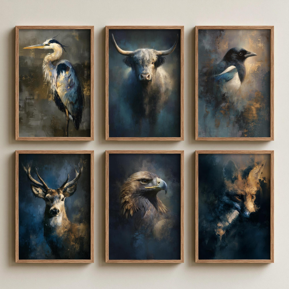 Set of Six Majestic Emergence Art Prints - 6 British Wildlife Posters - Heron, Highland Cow, Magpie, Red Deer, Golden Eagle, Fox Painting