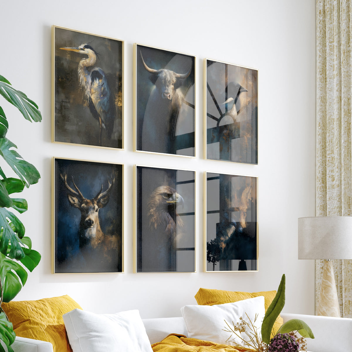 Set of Six Majestic Emergence Art Prints - 6 British Wildlife Posters - Heron, Highland Cow, Magpie, Red Deer, Golden Eagle, Fox Painting