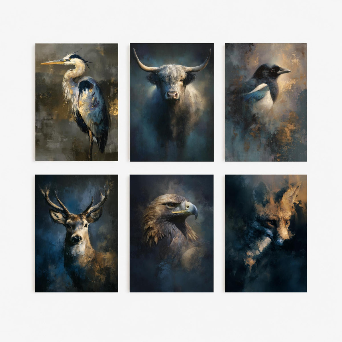 Set of Six Majestic Emergence Art Prints - 6 British Wildlife Posters - Heron, Highland Cow, Magpie, Red Deer, Golden Eagle, Fox Painting