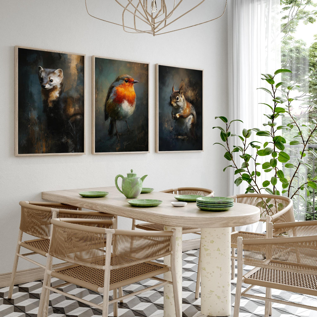 Majestic Emergence Art Prints - Set of Three Woodland Critters Posters - Pine Marten Robin Squirrel Paintings