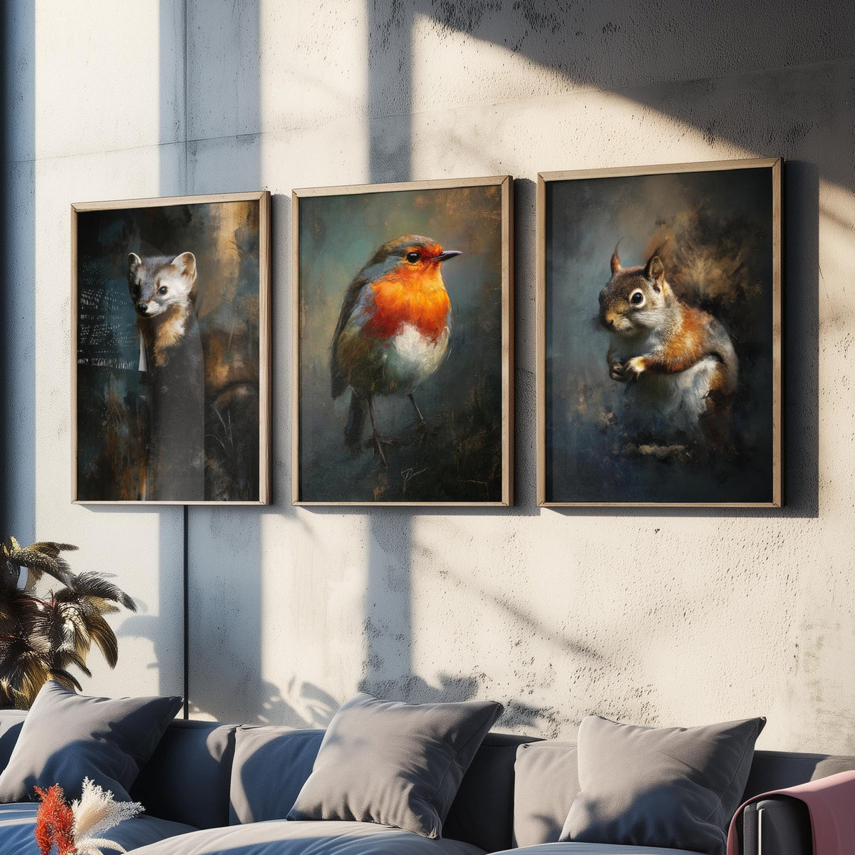 Majestic Emergence Art Prints - Set of Three Woodland Critters Posters - Pine Marten Robin Squirrel Paintings
