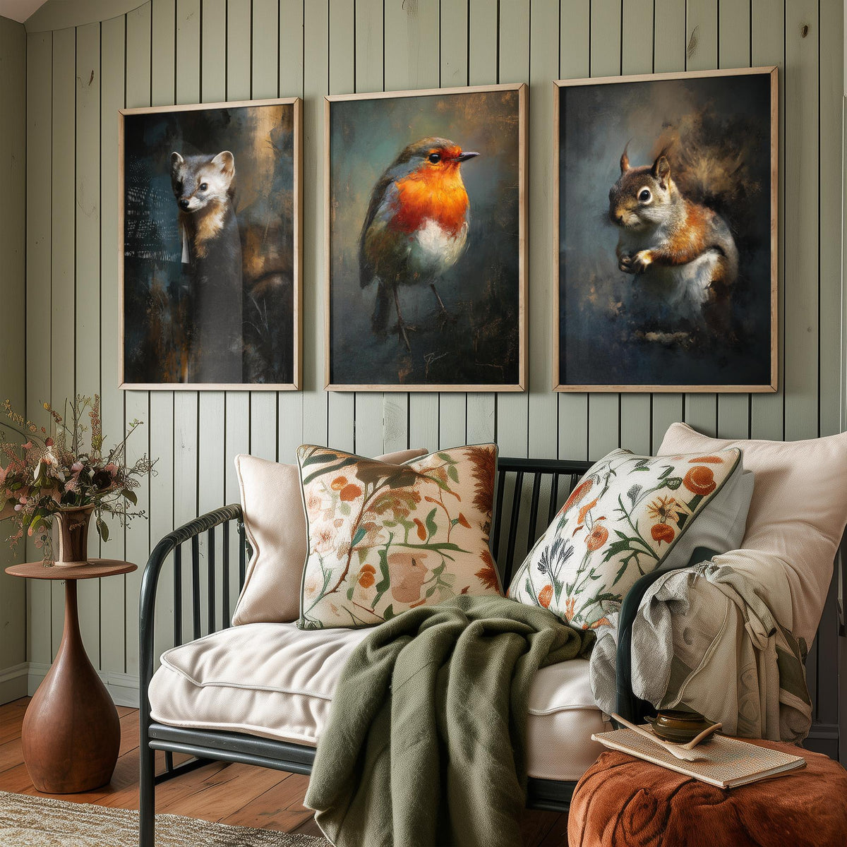 Majestic Emergence Art Prints - Set of Three Woodland Critters Posters - Pine Marten Robin Squirrel Paintings