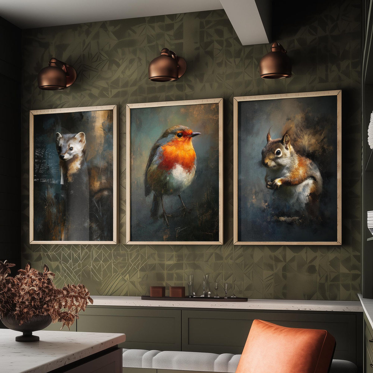 Majestic Emergence Art Prints - Set of Three Woodland Critters Posters - Pine Marten Robin Squirrel Paintings