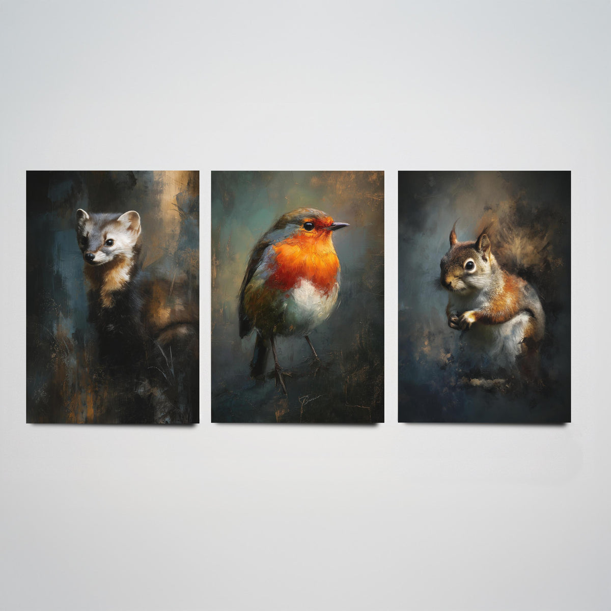 Majestic Emergence Art Prints - Set of Three Woodland Critters Posters - Pine Marten Robin Squirrel Paintings