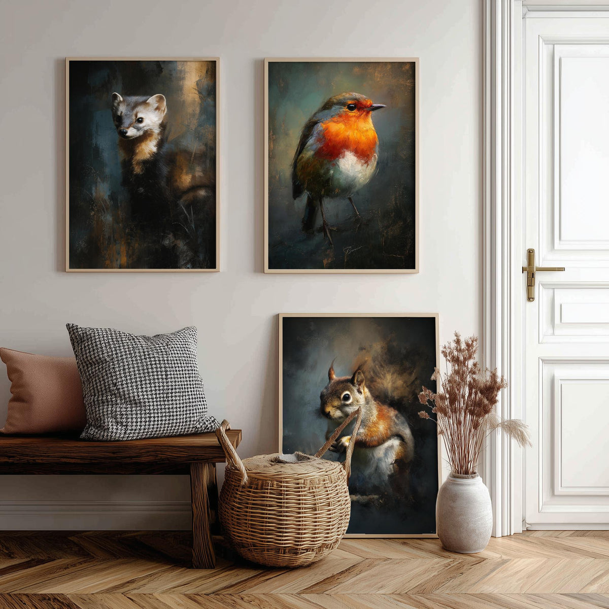 Majestic Emergence Art Prints - Set of Three Woodland Critters Posters - Pine Marten Robin Squirrel Paintings